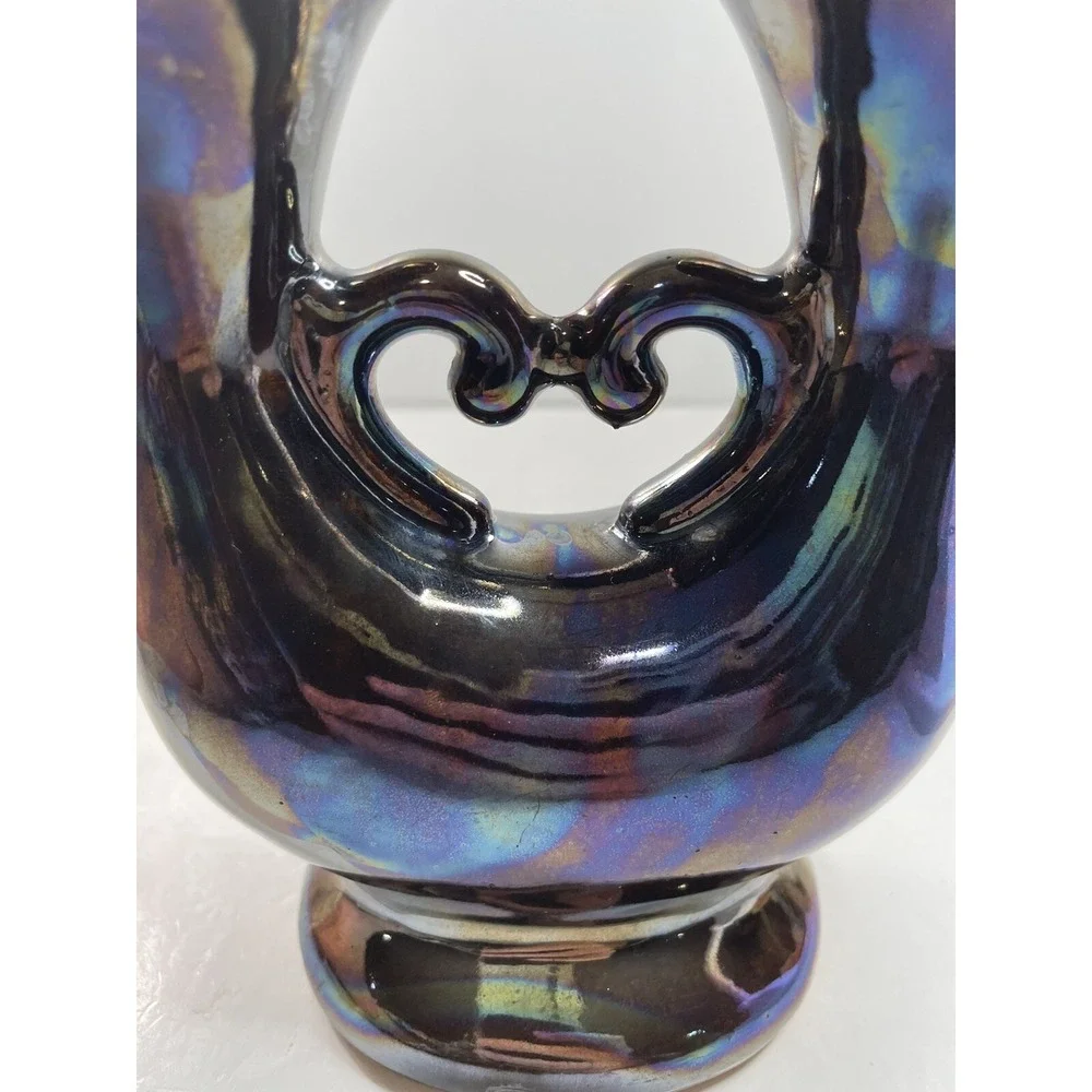 Vintage Double Iridescent Faience Candle Holder 1970s Made In Poland